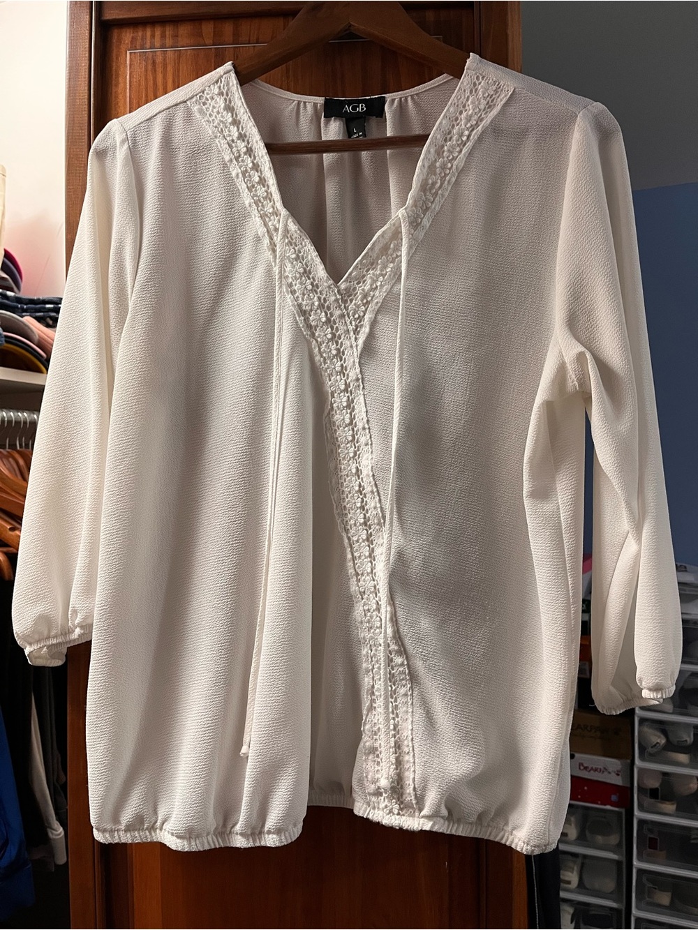 AGB White V-Neck Crochet-Trim Blouse
